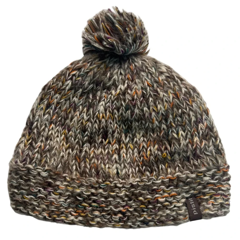 Pistil Beanie Pom Pom Knit Hat Brown Multi Color Fleece Lined Winter One Size